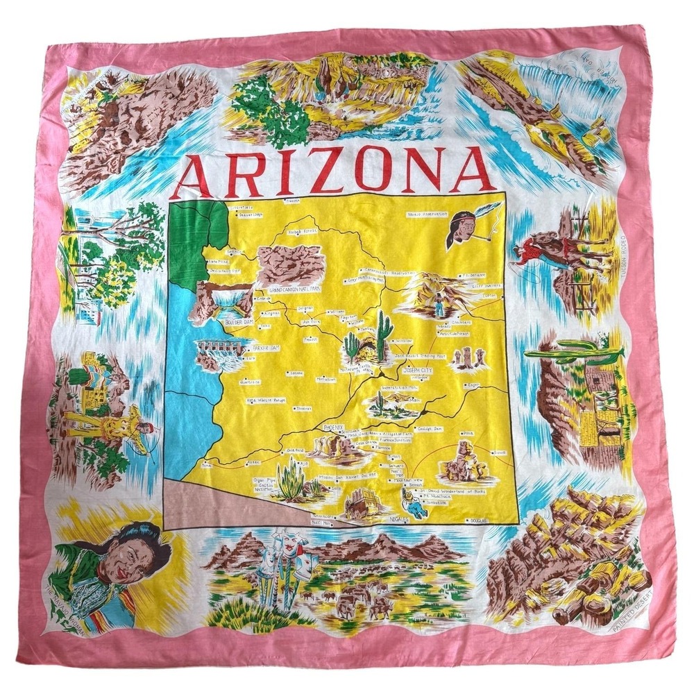 Vintage Arizona Souvenir Map Scarf Silk Blend Pink Border Hand Rolled Hem Japan